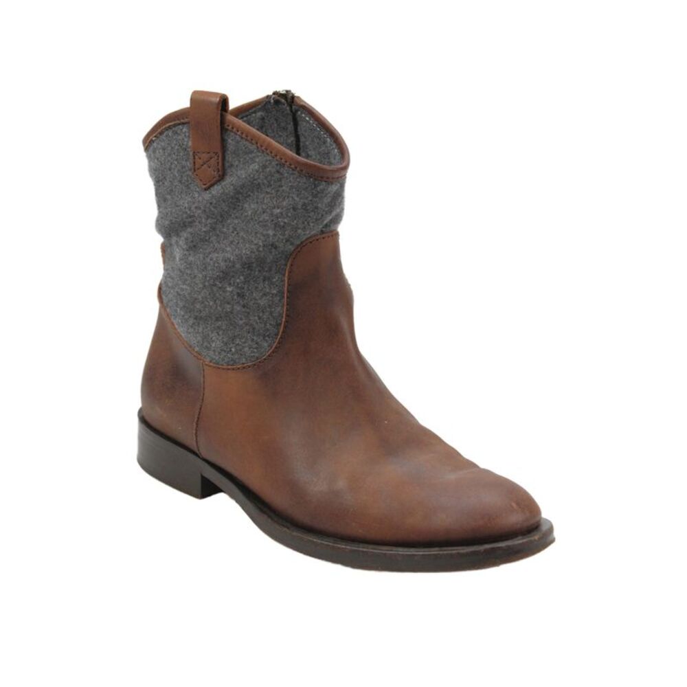 Brunello Cucinelli Womens Block Heel Wool Leather Ankle Boots Brown Size 37.5